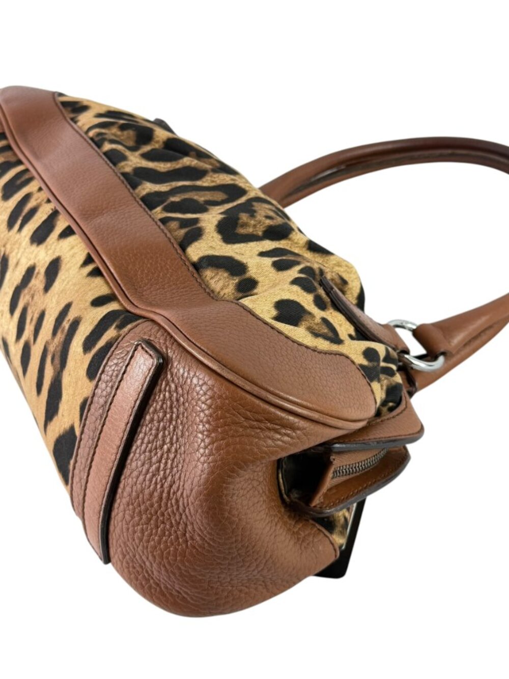 DOLCE & GABBANA Leopard Print Canvas and Brown Leather Satchel Bag Made in Italy - Picture 7 of 15